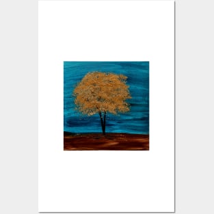 A tree with gold leaves in a storm Posters and Art